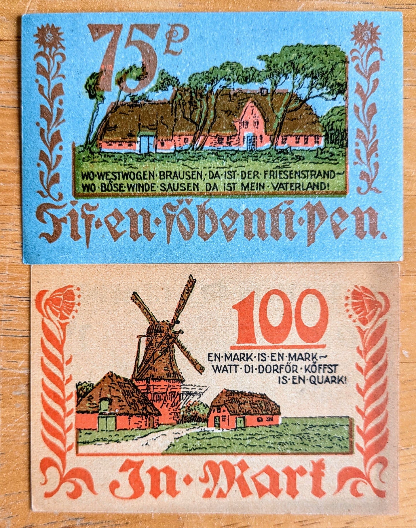 1922 Bordelum in Nordfriesland Germany Notgeld Set - 75 Pfennig and 1 Mark Set - Motto Series - 1922 German Emergency Pfennig Set