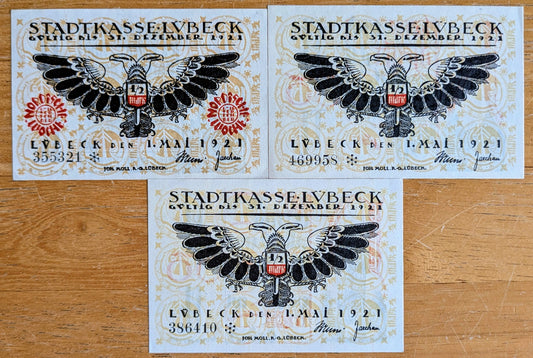 1921 Lubeck Germany 50 Pfennig Notgeld Set - Calligraphy Series, Nordic Week Stamp - 1921 German Emergency Half Mark Notes