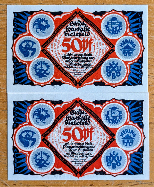 1921 Bielefeld Germany 50 Pfennig Notgeld Set of 2 - Different Reverse Designs - 1921 German Emergency Fifty Pfennig Notes
