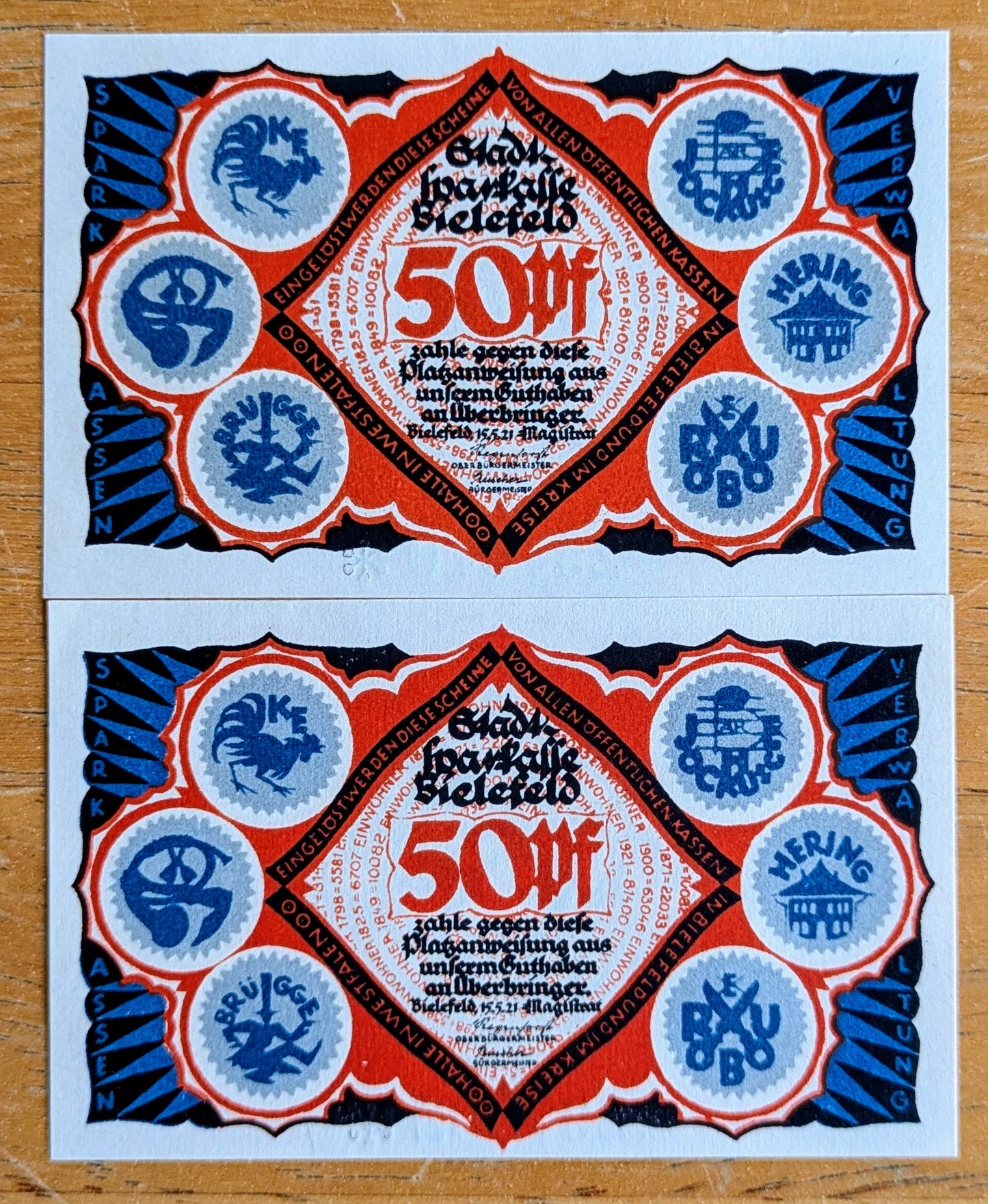 1921 Bielefeld Germany 50 Pfennig Notgeld Set of 2 - Different Reverse Designs - 1921 German Emergency Fifty Pfennig Notes