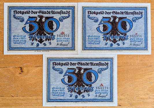 1921 Arnstadt Germany 50 Pfennig Notgeld Set - Historical Events Series, Half Set - 1921 German Emergency Fifty Pfennig Notes