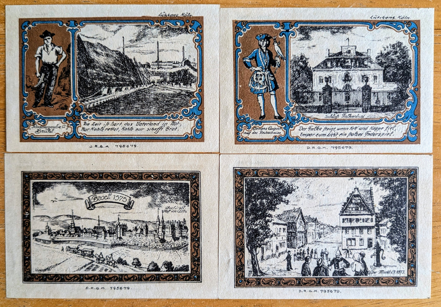 1921 Bruhl bei Koln Germany Notgeld Set of 4 - Handwritten Dates/Signatures - German Emergency Currency - 1921 German Note Series Set