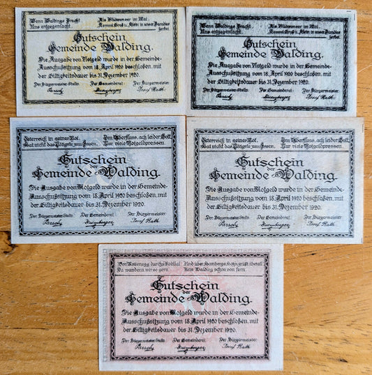 1920 Walding Austria 10, 20, 50 Heller Notgeld Complete Set - WWI Austrian Notgeld - 1920 Austria Emergency Note Full Denomination Set