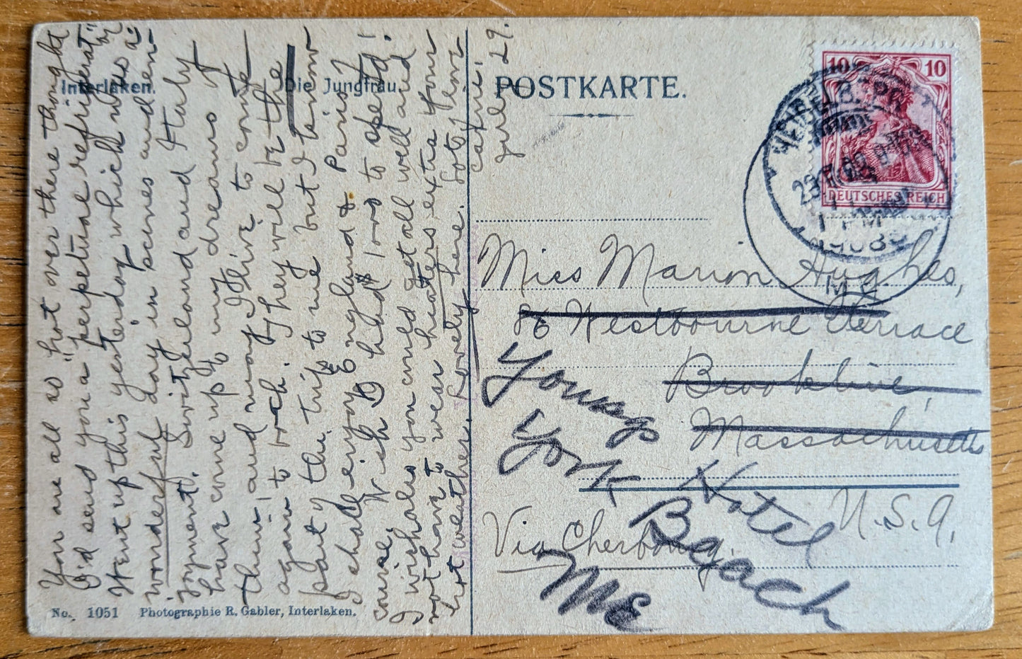 1908 Interlaken Die Jungfrau Switzerland R. Gabler Photographer Postcard - Stamped/Postmarked 1908 - Antique Color Photo Swiss Alps Postcard