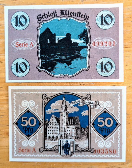 1921 Allenstein Germany 10 and 50 Pfennig Notgeld Complete Set - Series A - WWI German Emergency Currency - 1921 German Pfennig Note Set