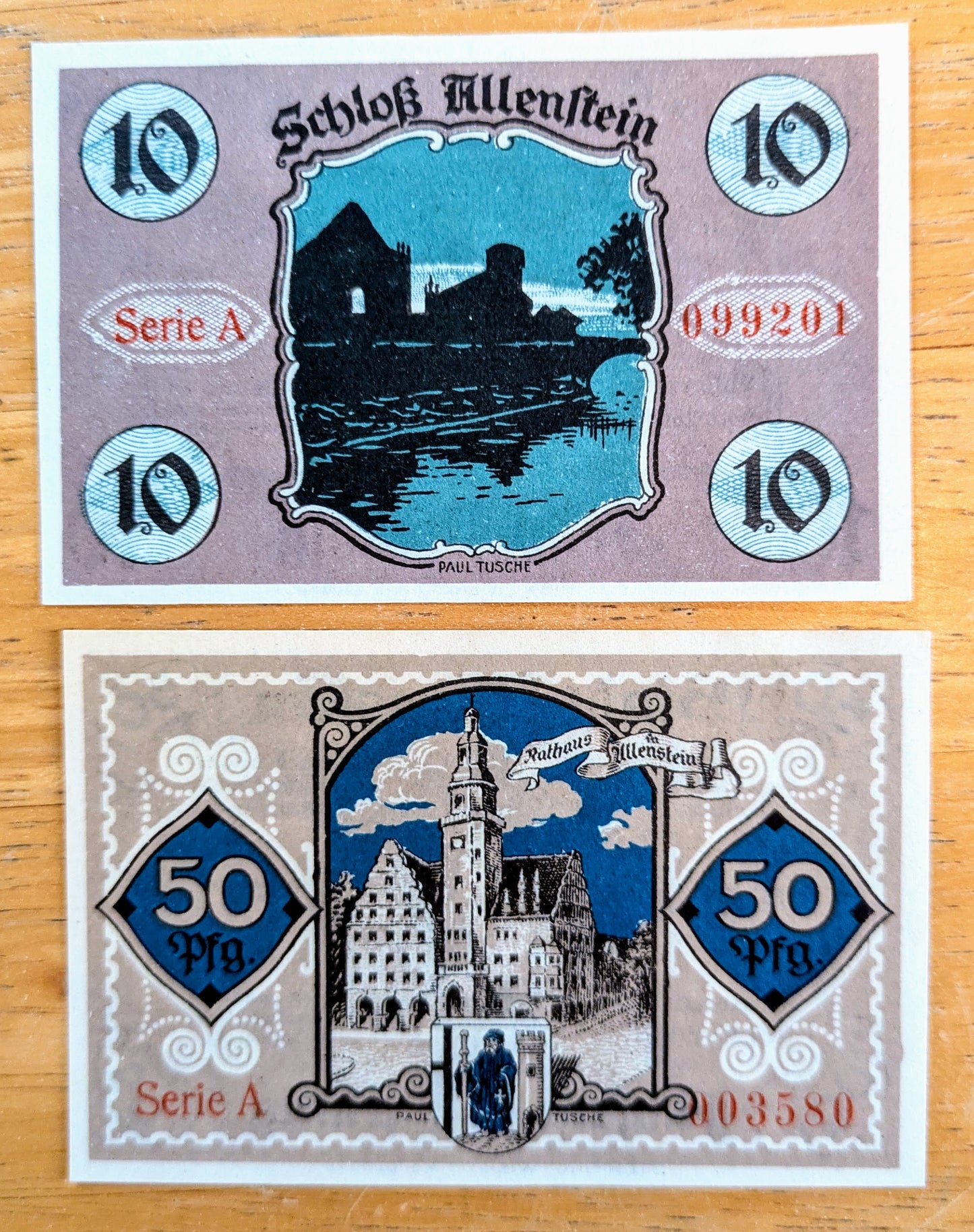1921 Allenstein Germany 10 and 50 Pfennig Notgeld Complete Set - Series A - WWI German Emergency Currency - 1921 German Pfennig Note Set