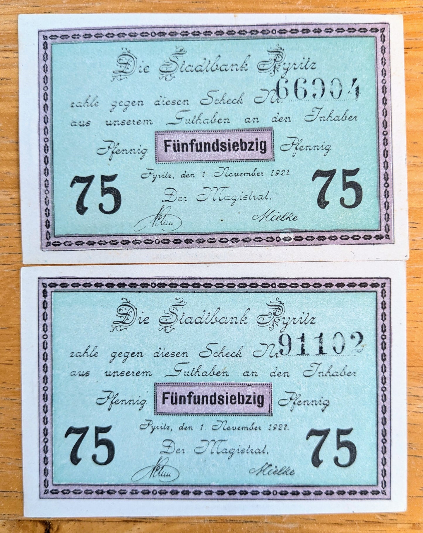 Lot of 2 1921 Pyritz Germany 75 Pfennig Notgeld - Bishop and Monk Note - 1921 German Emergency Seventy-Five Pfennig Notes