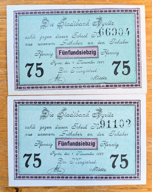 Lot of 2 1921 Pyritz Germany 75 Pfennig Notgeld - Bishop and Monk Note - 1921 German Emergency Seventy-Five Pfennig Notes