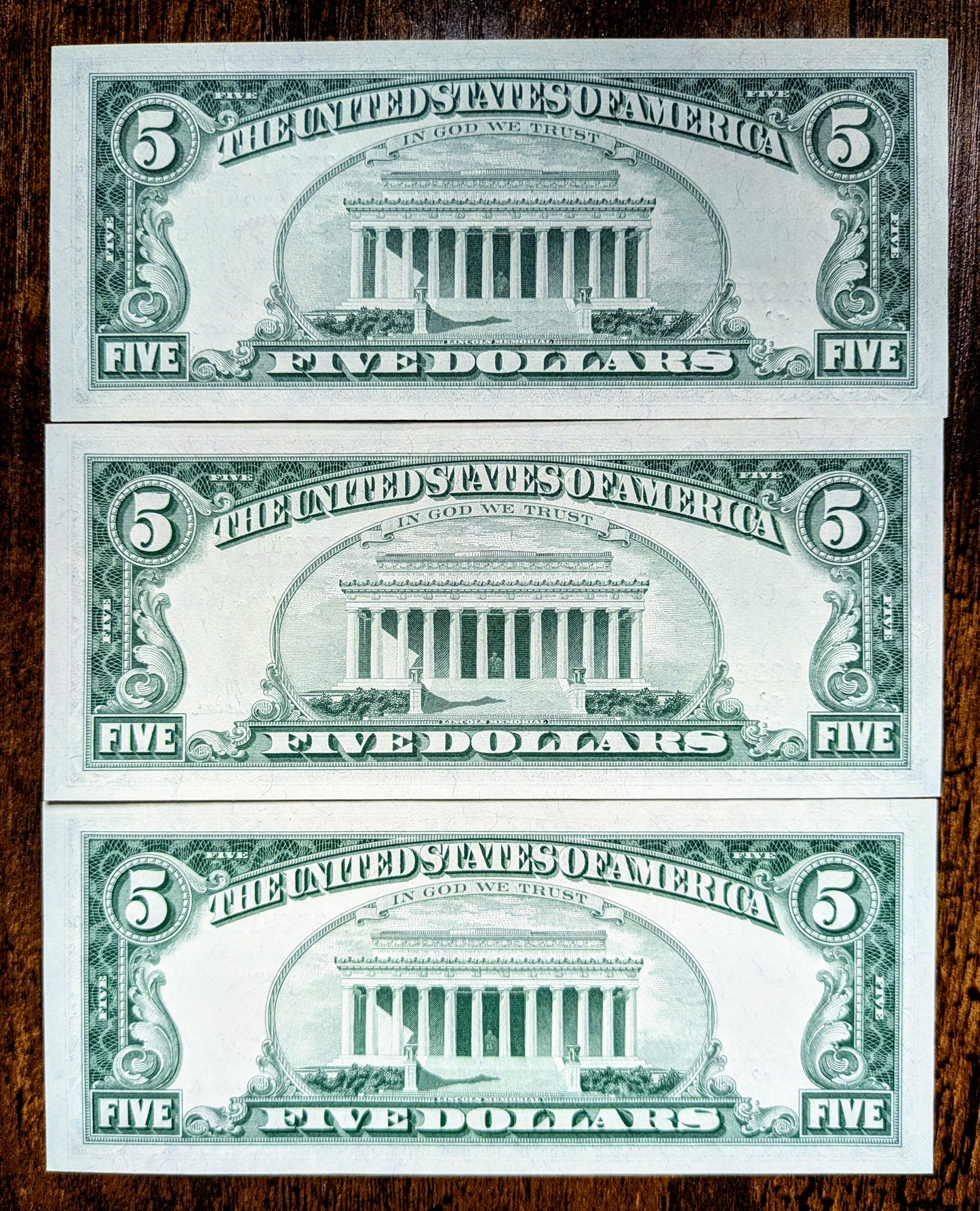 1963 Red Seal 5 Dollar Legal Tender Notes Trio - UNC - Consecutive Serial Numbers - Set of 3 1963 Five Dollar Legal Tender Notes - Fr.1536