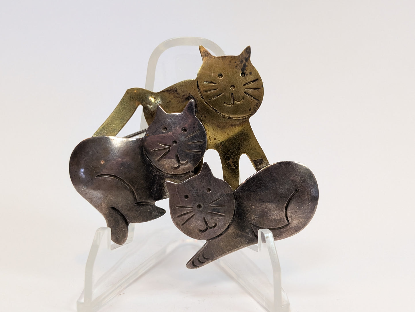 Mexican Silver 3 Kittens Pin - Stamped and Tested Sterling Silver - Gold and Silver Tone