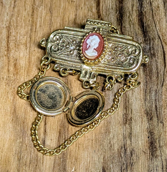 Stunning Goldtone Faux Cameo Drop Locket Brooch - 1.5" Long - Vintage Art Deco Cameo Chain and Locket Brooch