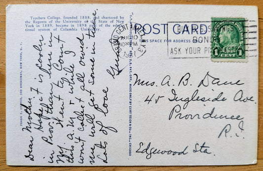 1937 Teachers College, New York City Linen Postcard - Colorful Lithograph Postcard - Antique New York City NYC Postcard