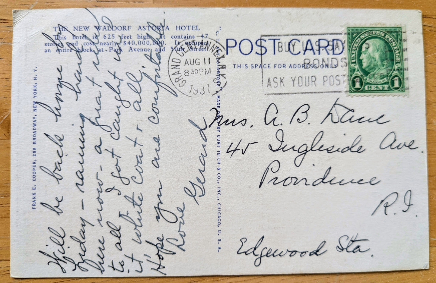 1937 The New Waldorf Astoria Hotel, New York City Linen Postcard - Colorful Lithograph Postcard - Antique New York City NYC Postcard