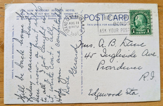 1937 The New Waldorf Astoria Hotel, New York City Linen Postcard - Colorful Lithograph Postcard - Antique New York City NYC Postcard