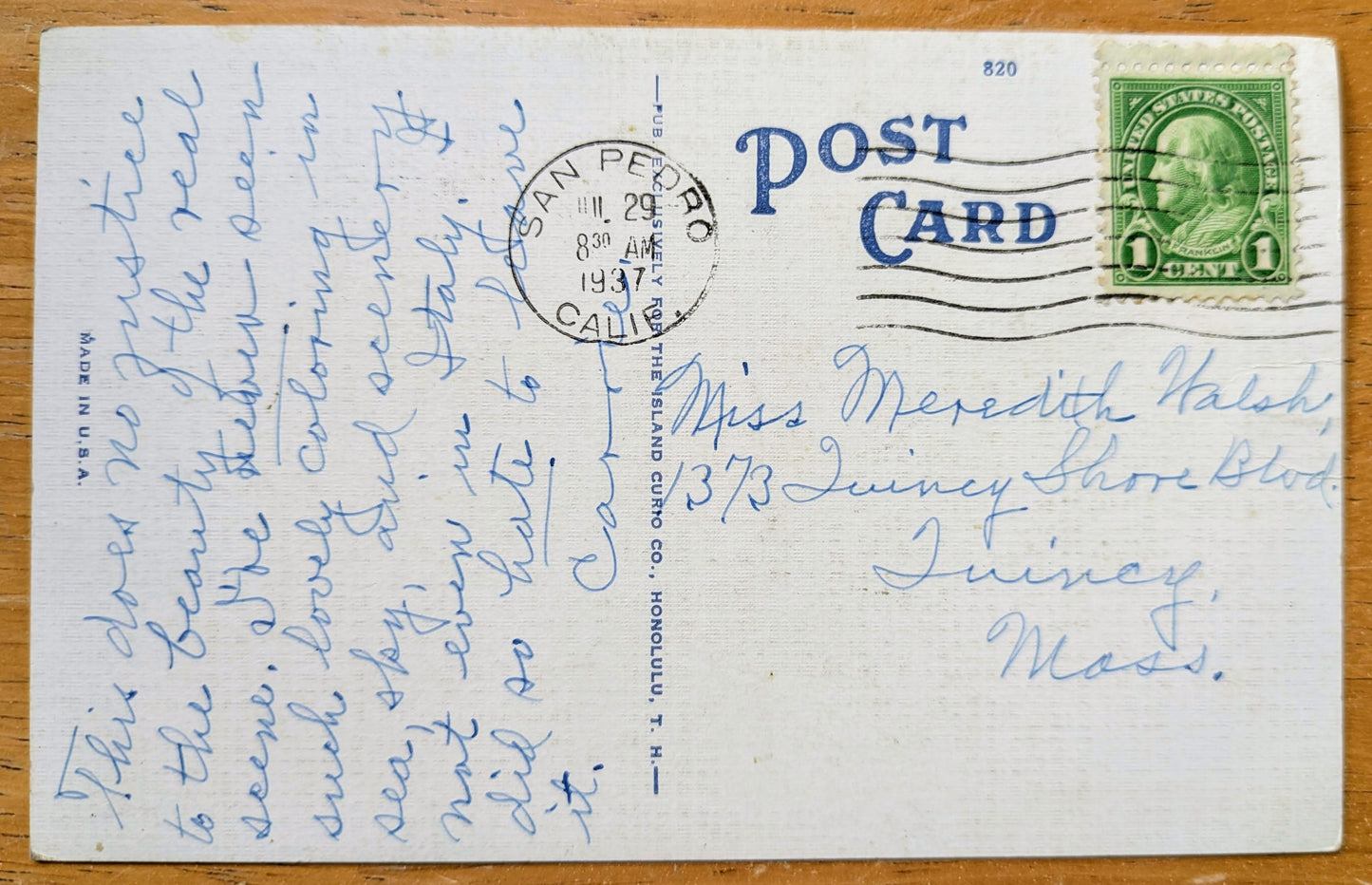 1937 Waikiki Beach, Honolulu, Hawaii Linen Postcard - Chromo Lithograph - Antique Honolulu Hawaii Postcard