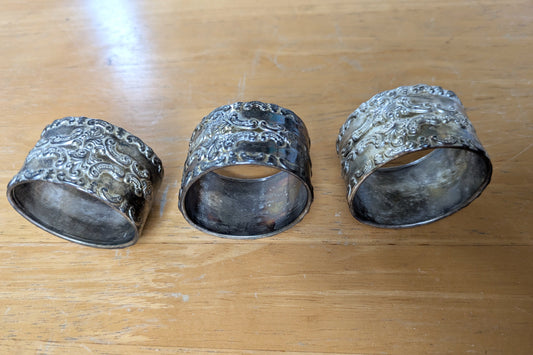 Vintage Set of 3 Rococo Floral Repoussé Napkin Rings - Tested Silverplate - Dinner Parties - Measurements Seen in Photos