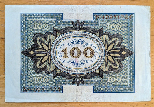 1920 Germany 100 Mark Note - Reichsbanknote - 8 Digit Serial Number, O Underprint - WWI Era German One Hundred Marks Banknote - P#59b