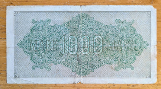 1922 Germany 1000 Mark Banknote - Reichsbanknote - Rarer Knotted Rope Watermark - 1922 One Thousand Mark Note - P#76f