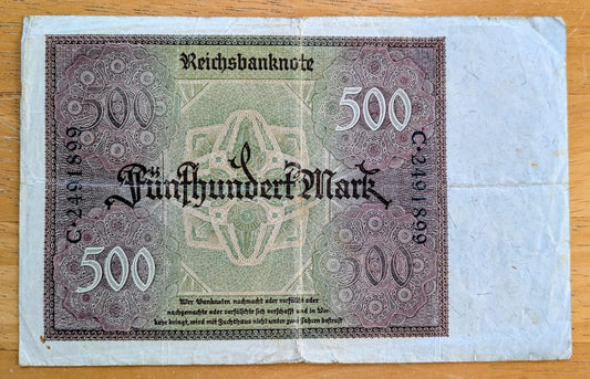 1922 Germany 500 Mark Note - Reichsbanknote - Prefix C - German Inflation Note - 1922 German Five Hundred Marks Banknote - P#73