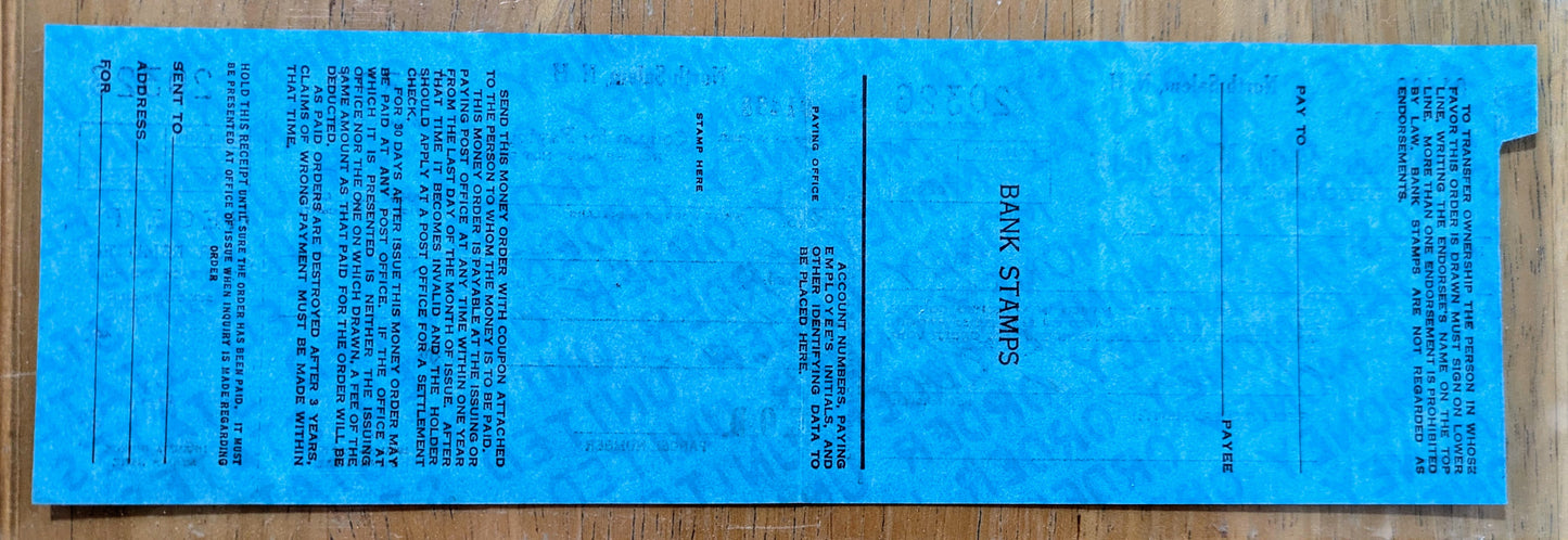 1951 U.S. Postal Service Money Order Check - North Salem NH Stamp - Complete Check - 1951 Salem New Hampshire Post Office Check