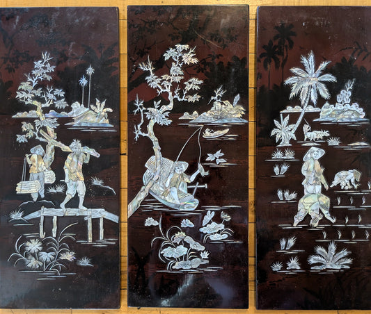 Mother Of Pearl 4 Piece Panel Set Black Lacquer Wall Art - Vintage Handmade Four Pc Set Mother Of Pearl Inlay Wall Art