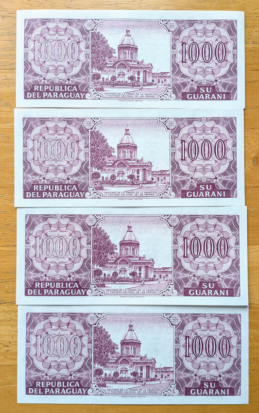 Consecutive Set of 4 2002 Paraguay 1000 Guaranies Notes - Commemorative Issue - 2002 Paraguay One Thousand Guaranies Sequential Note - P#221