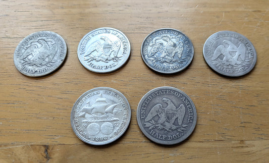 Silver Half Dollar Collection - 5 Half Dollars - Various Dates and Mints - Seated Liberty Halves, Columbus Halves