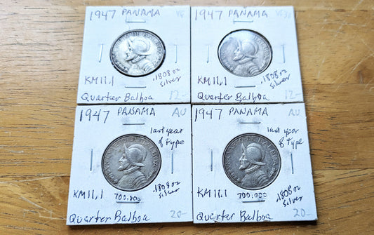 Lot of 4 Panama 1/4 Balboas 1947 - Great Conditions, Great Deal - 90% Silver Quarter Balboa Coin 1947 Panama, Only 700,000 Made
