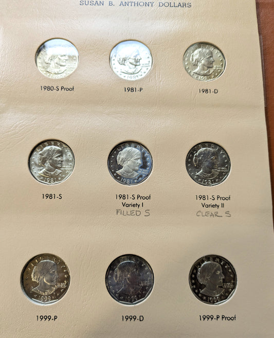 Complete Set of Susan B Anthony Dollars 1979-1981-S - All Types, Dansco Album - Beautiful Coins, Including 1981-S Proof Variety II