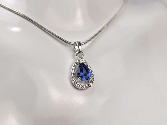 Blue Sapphire Pear Shaped Necklace Pendant - Teardrop Blue and White Sapphire Necklace Charm