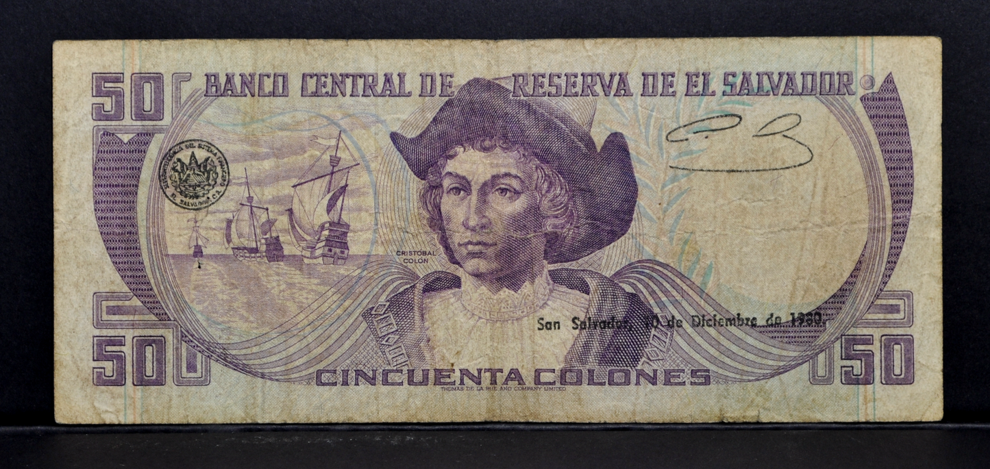 1980 El Salvador 50 Colones Note - RARE Series Type, Dec. 10th, 1980 Reverse Date - 1980 El Salvadorian Fifty Colones Banknote - P#131b