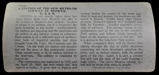 Antique Keystone Stereoview of New Soviet Metro Station, Moscow, Russia - No. 34093- 1930s Soviet Russia Subway Station Stereoview