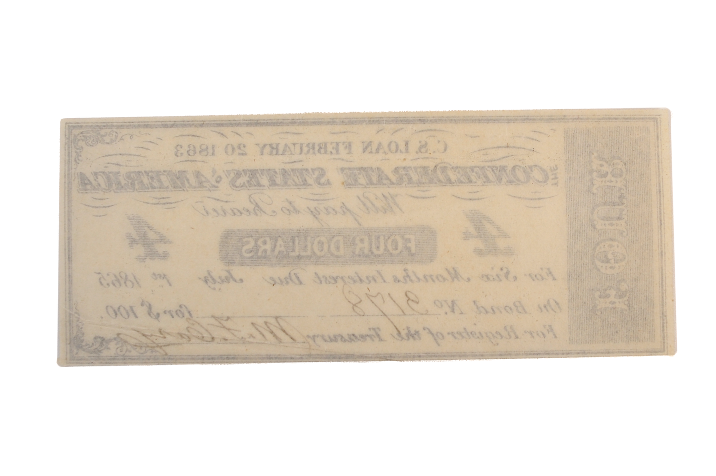 1863 Confederate 4 Dollars on 100 Dollar Bond Loan Coupon - C.S. Loan of Feb. 20th, 1863 - Rarer Civil War Era Confederacy Loan Coupon