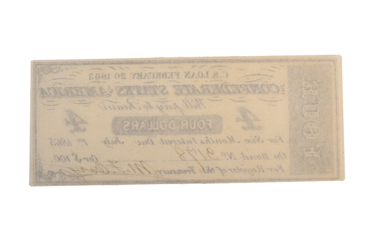 1863 Confederate 4 Dollars on 100 Dollar Bond Loan Coupon - C.S. Loan of Feb. 20th, 1863 - Rarer Civil War Era Confederacy Loan Coupon