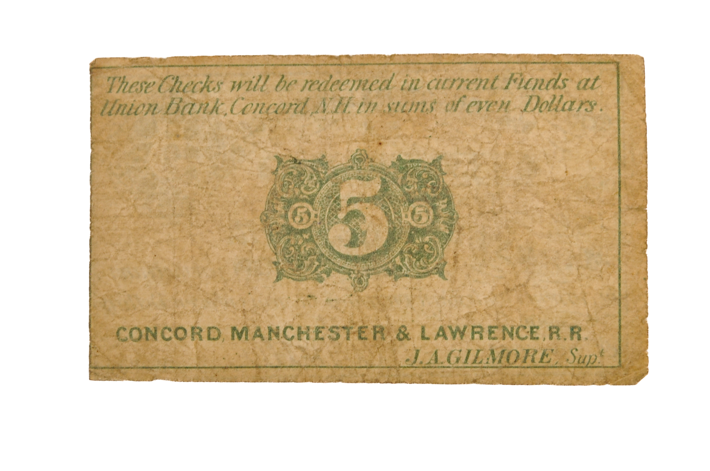 1862 Concord, Manchester & Lawrence Railroad 5 Cents Scrip - Dec. 1st, 1862 - Rare Civil War New Hampshire Railroad Obsolete Five Cent Note