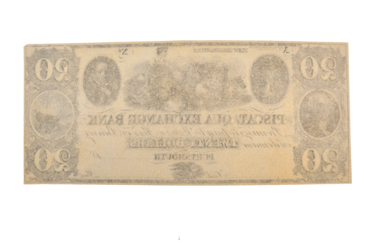 1840s Piscataqua Exchange Bank 20 Dollar Note - Portsmouth, NH - Uncirculated Remainder - 1800s Undated New Hampshire Twenty Dollar Obsolete