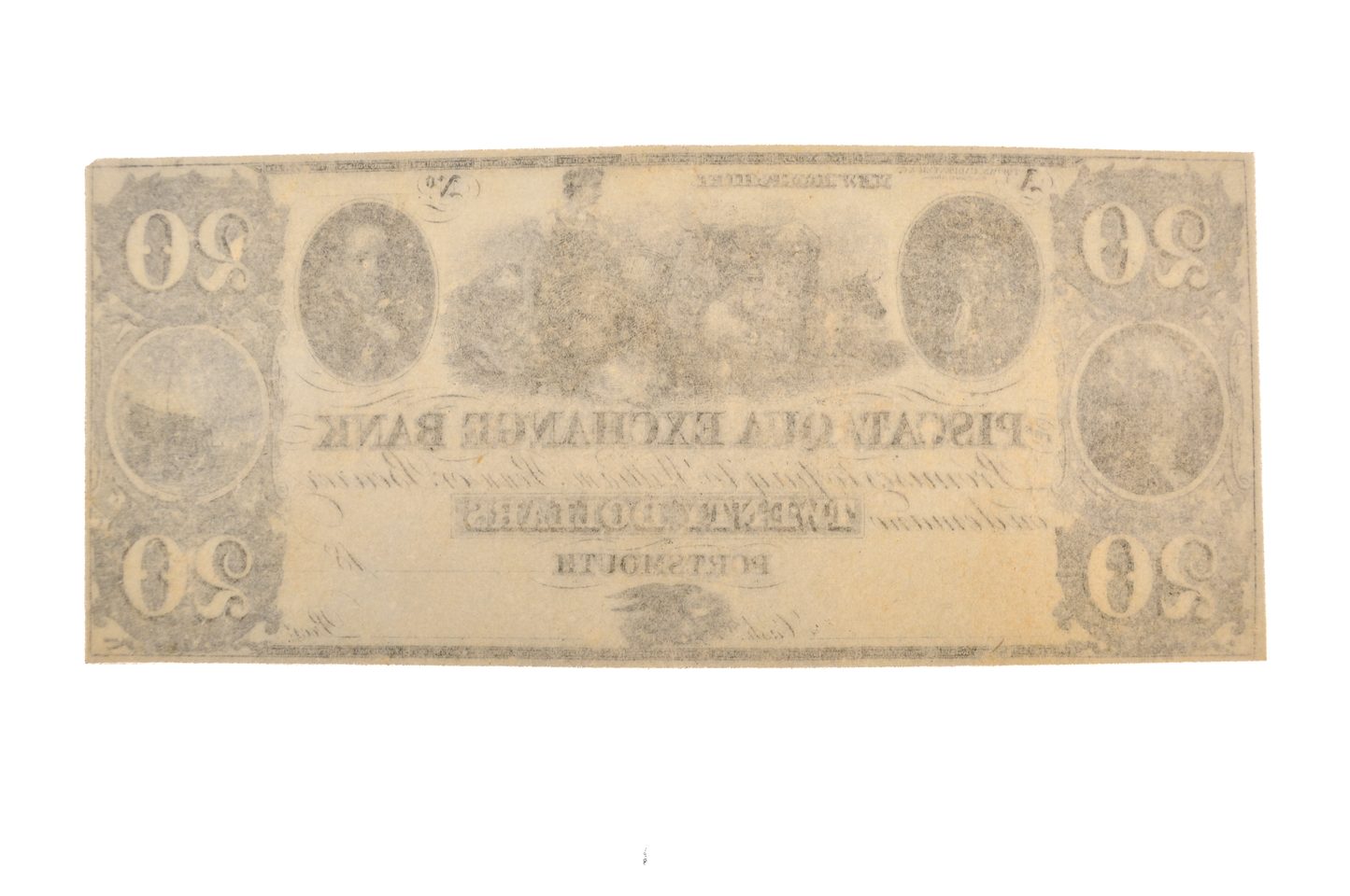 1840s Piscataqua Exchange Bank 20 Dollar Note - Portsmouth, NH - Uncirculated Remainder - 1800s Undated New Hampshire Twenty Dollar Obsolete