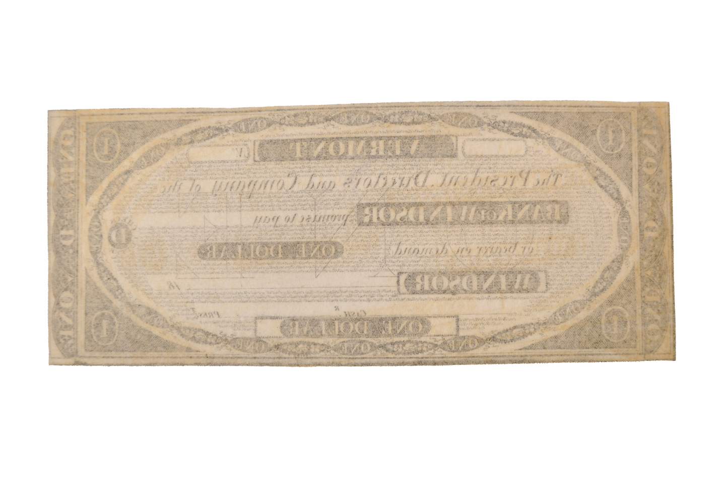 1830s Bank of Windsor 1 Dollar Vermont Obsolete Note - Uncirculated Remainder - 1830s Windsor Vermont One Dollar Obsolete Banknote