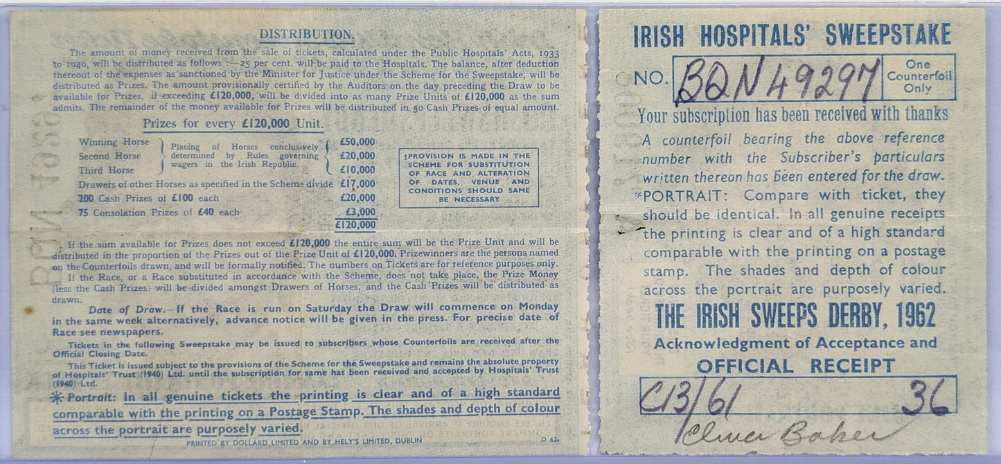 1962 Irish Sweeps Derby Hospital Lottery Ticket Stub and Counterfoil - Complete Ticket - 1962 Ireland Hospitals Trust Sweepstakes Ticket