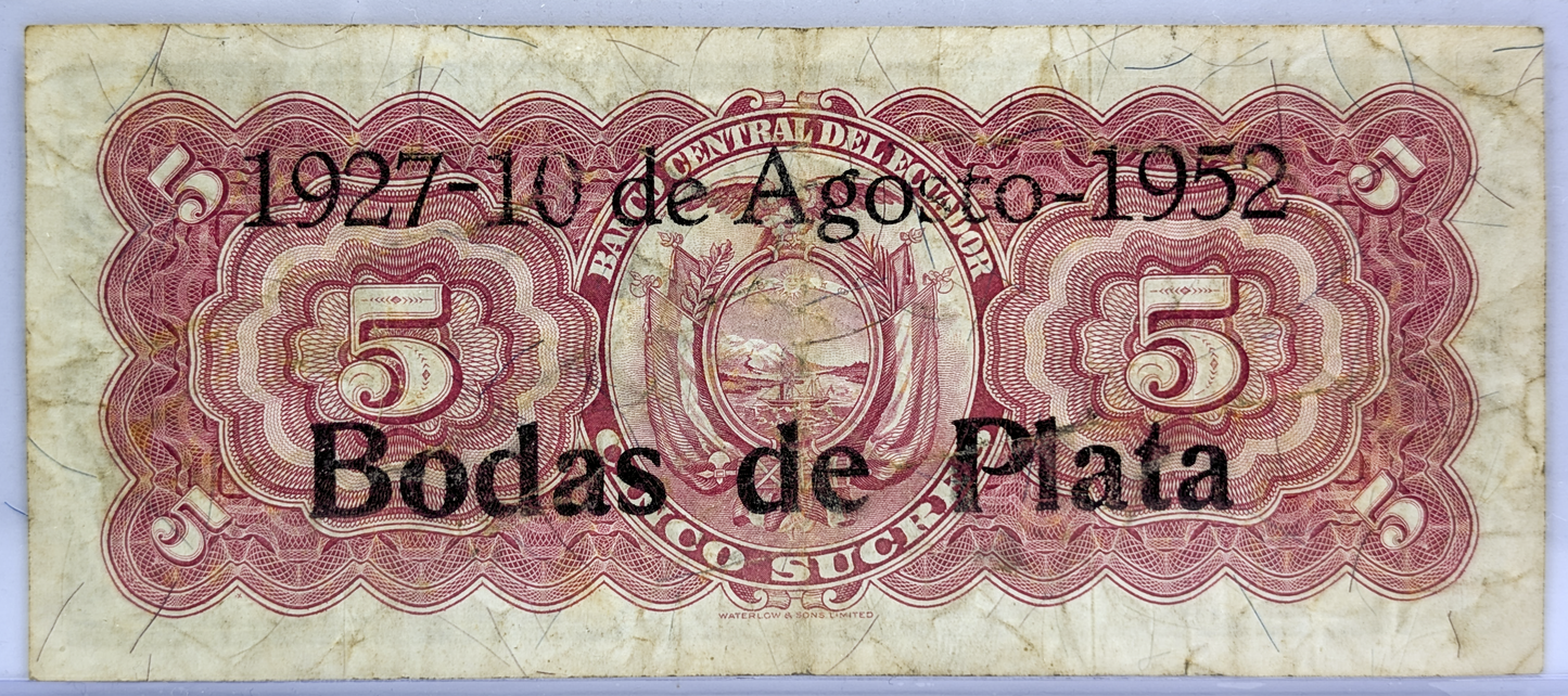 1952 Ecuador 5 Sucre Note - Reduced Size, Portrait Facing Right - Reverse Overprint - 1952 Ecuadorian Cinco Five Sucres Note - P#98a