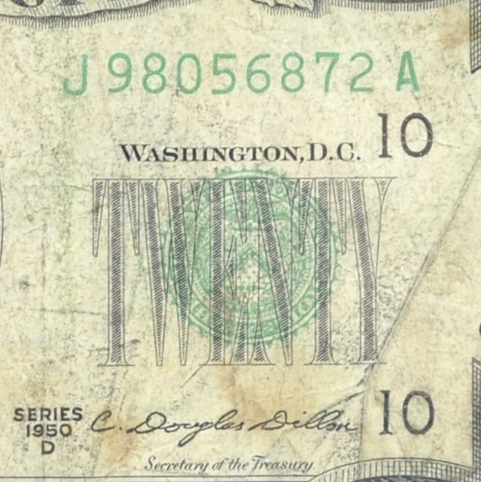 1950-B 20 Dollar Federal Reserve Error Note - Minor Green Ink Run & Double Print Error - 1950B Twenty Dollars Ink Error Note - Fr#2063-J