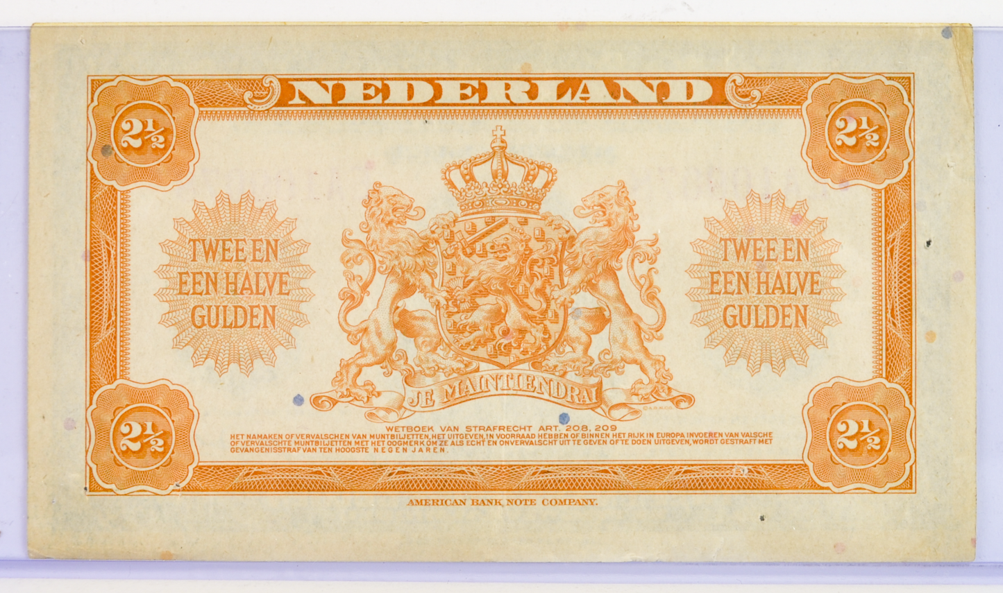 1943 Netherlands 2 1/2 Gulden Banknote - Rare Left Facing Portrait Type - 1943 Netherlands Two and a Half Gulden Note - P#65