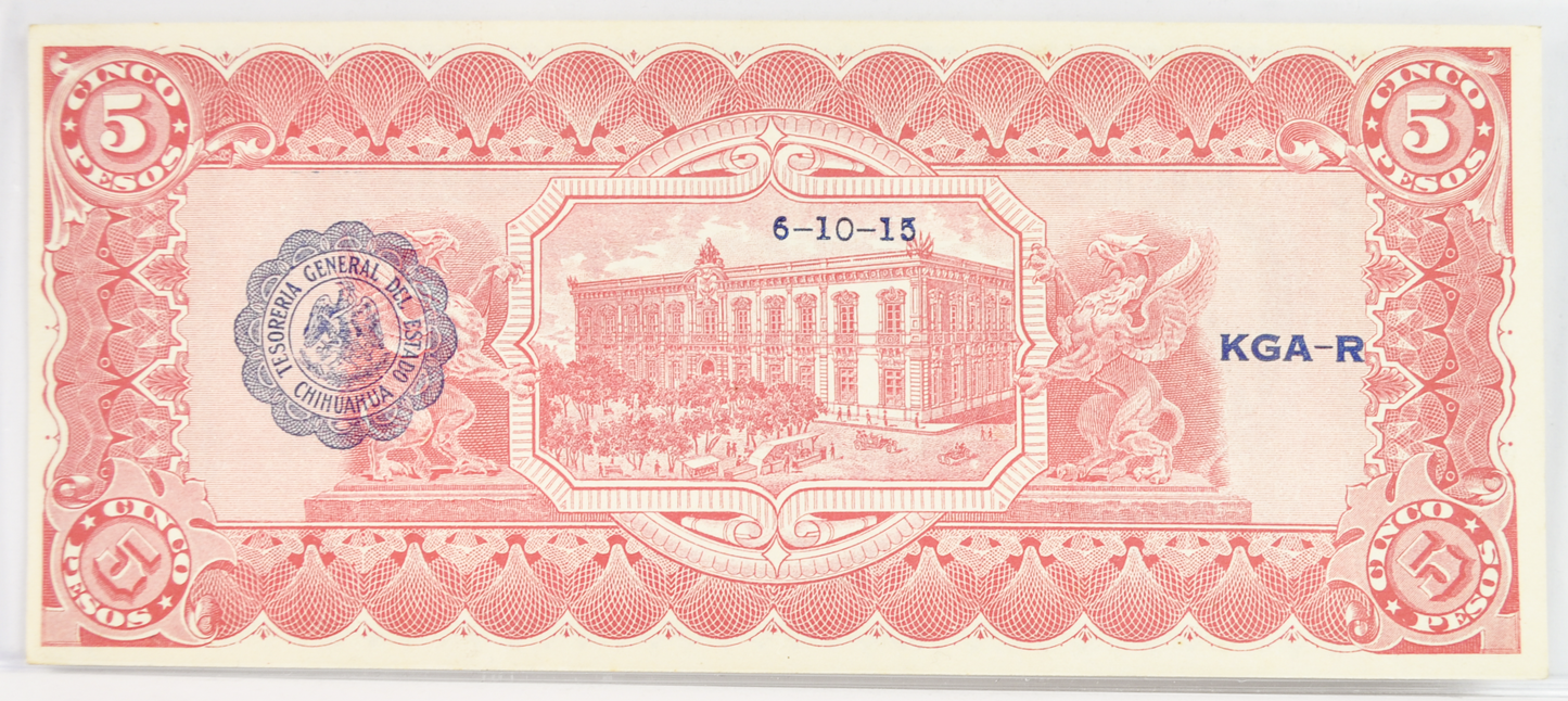 1915 Chihuahua Revolutionary 5 Pesos Note - Rarer Series H, Blue Scalloped Seal - 1915 Mexico Revolution Five Pesos Note - P#S532c