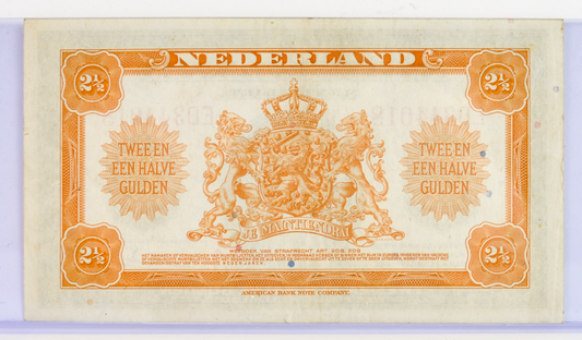 1943 Netherlands 2 1/2 Gulden Banknote - Rare Left Facing Portrait Type - 1943 Netherlands Two and a Half Gulden Note - P#65