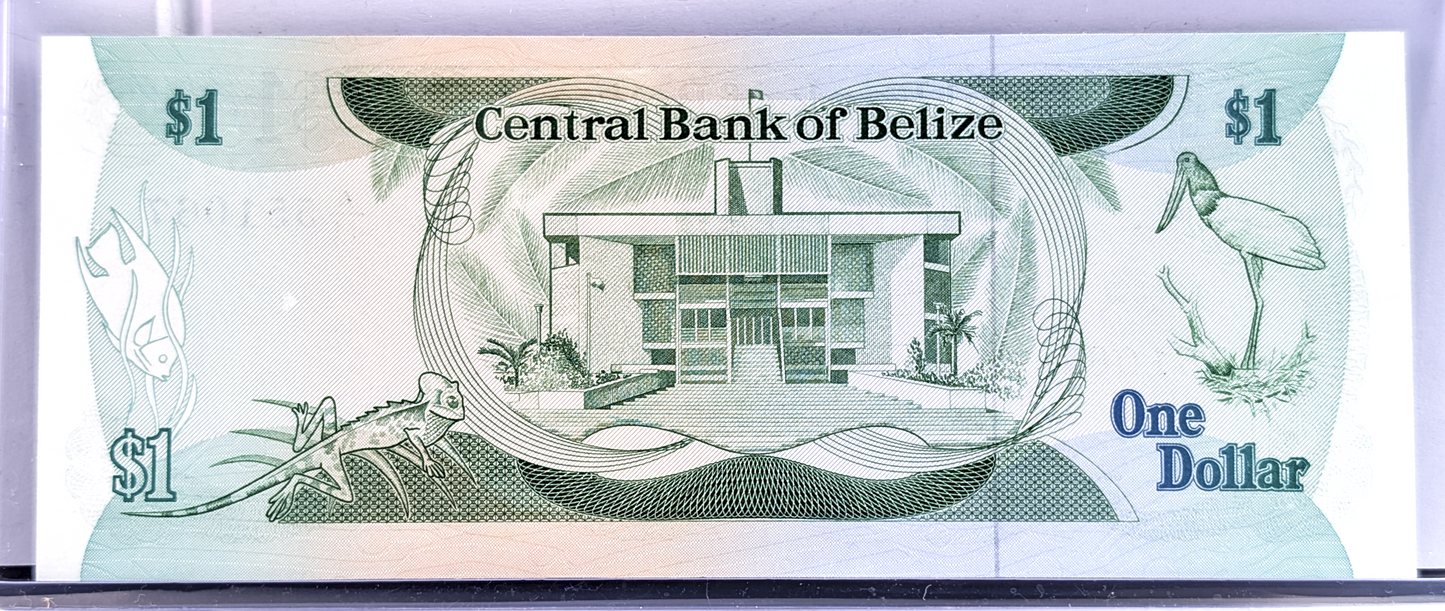 1987 Central Bank of Belize 1 Dollar Note - Issued Jan. 1st, 1987 - Modified Seal - 1987 British Belize One Dollar Banknote - P#46c