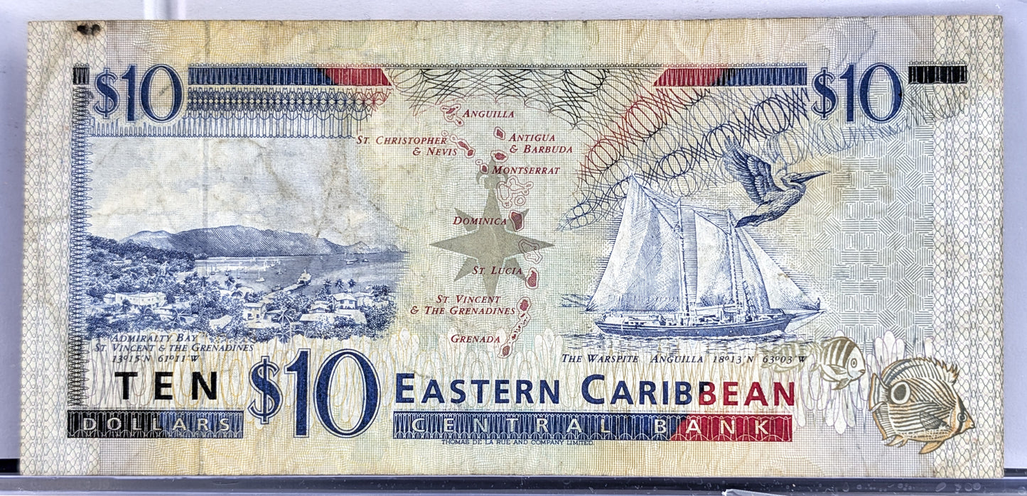 1994 (N.D.) East Caribbean Central Bank 10 Dollar Note - No Underlay, Antiqua Issue - 1994 British Caribbean Ten Dollars Note - P#32a