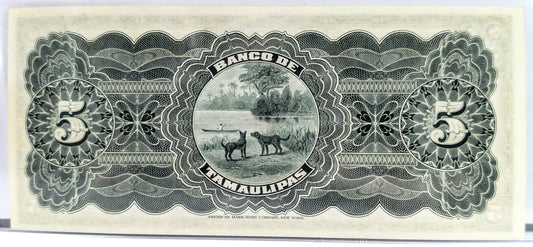 RARE 1914 Tamaulipas Revolutionary 5 Pesos Note - Uncirculated (UNC) Remainder - 1914 Mexico Revolution Tampico Five Pesos Note - P#S429r