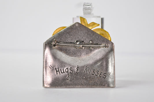Cute AJMC Hugs and Kisses Pewter Brooch - Valentine's Day Pin - Vintage American Jewelry Manufacture Co. XOXO Love Letter Pin