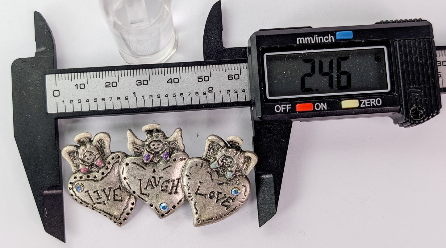 Adorable Live Laugh Love Hearts and Angels Pewter Brooch - Aurora Borealis Gemstones - Vintage Three Hearts Live Laugh Love Pin