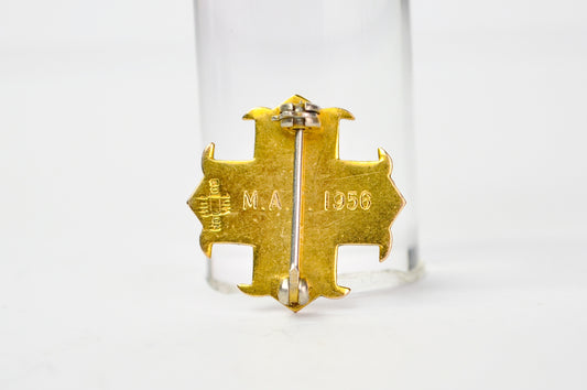 Vintage 10K Gold J. H. Monogram Red Enamel Cross Lapel Pin - M. A. F. 1956 Engraved - Boston Made - Ten Karat Gold Red Cross Brooch